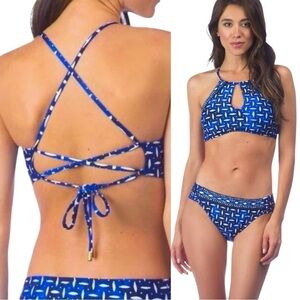 La Blanca Daily Grind Blue Black High Halter Neck Keyhole Bikini Set Size 4
